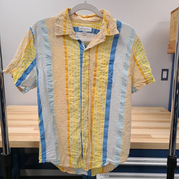 Free Assembly Shirt Men's Small Yellow Striped Seersucker Cotton Button Up - Picture 1 of 12